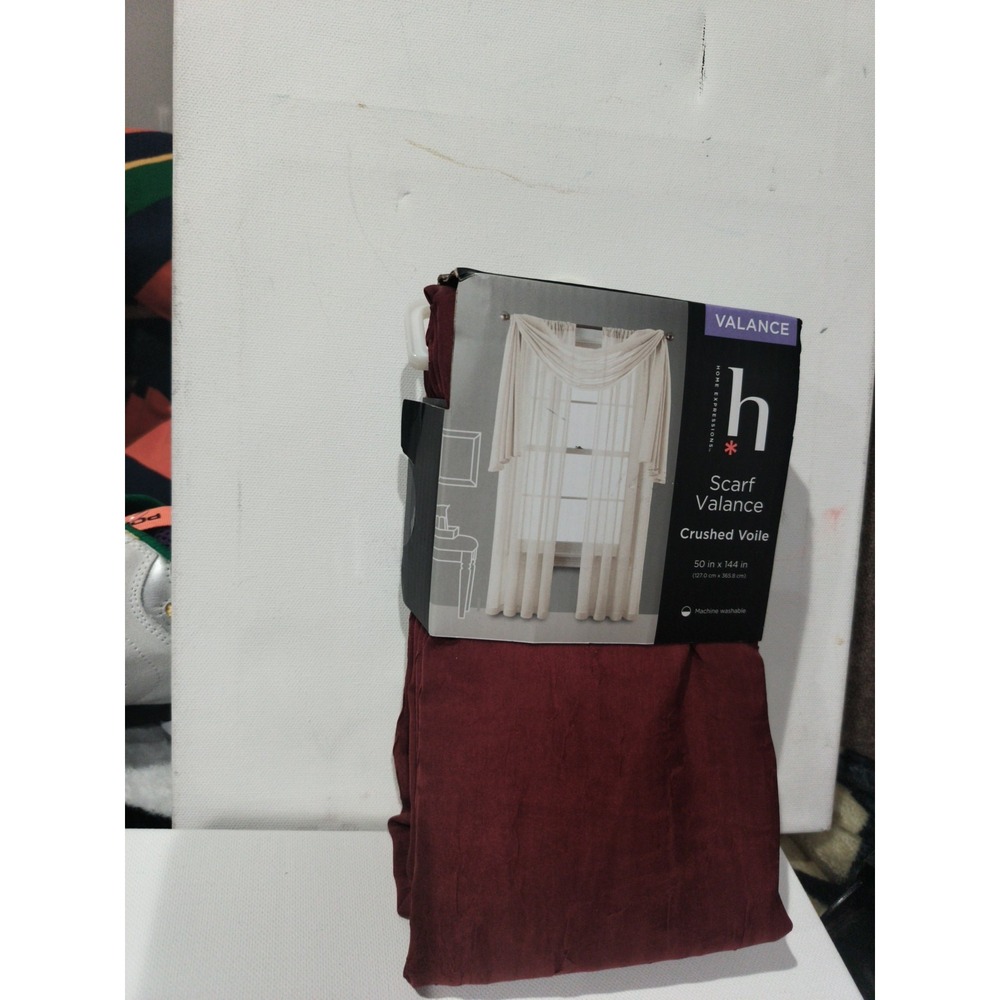 JCPenney Home Expressions Palmetto Red Scarf Valance Crushed Voile 50x144in NEW